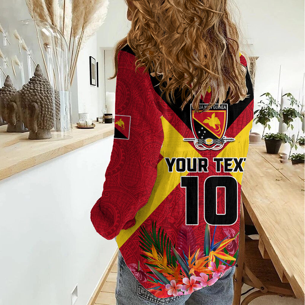 Benutzerdefinierte Papua-Neuguinea Rugby Frauen Casual Shirt Paradiesvogel und Hibiskus Polynesian Muster Rot Farbe LT03