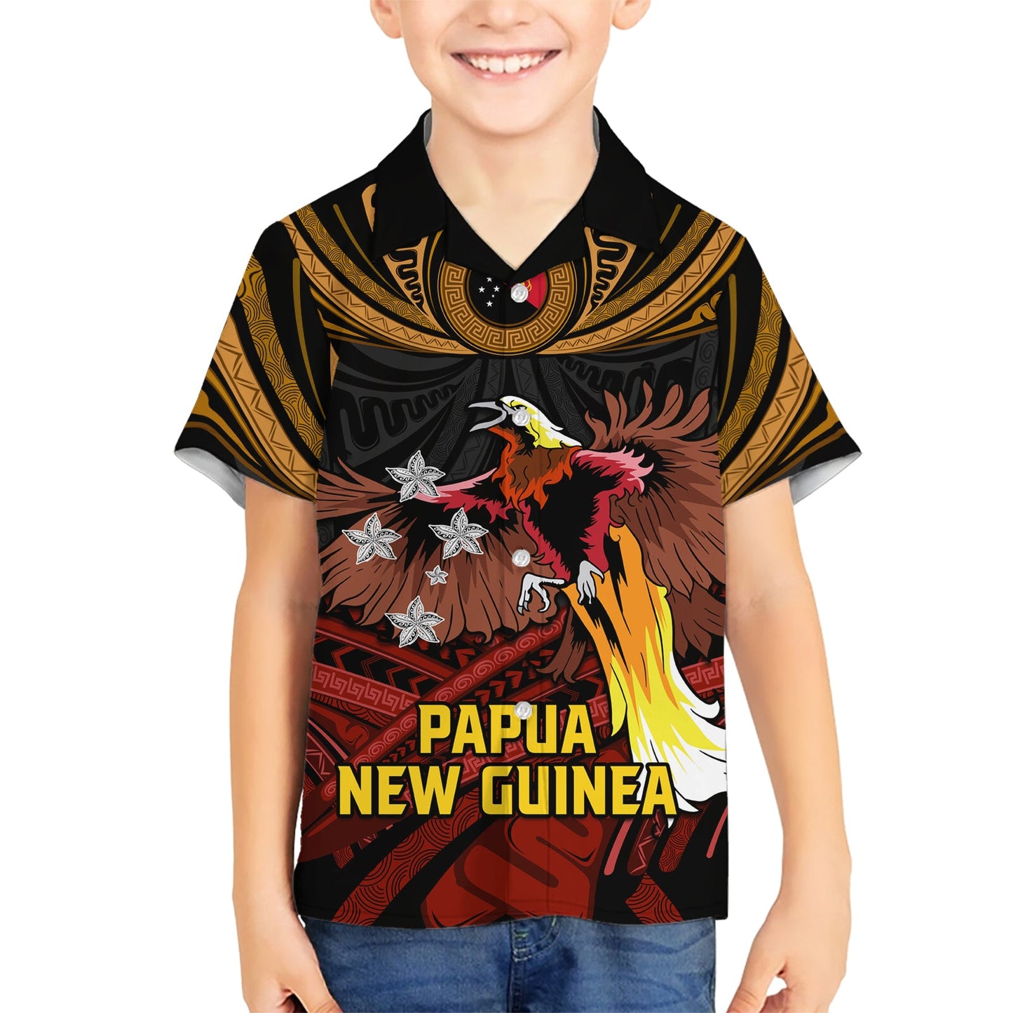 Papua-Neuguinea Paradiesvogel Hawaiihemd Wappen und Stammesmuster LT03