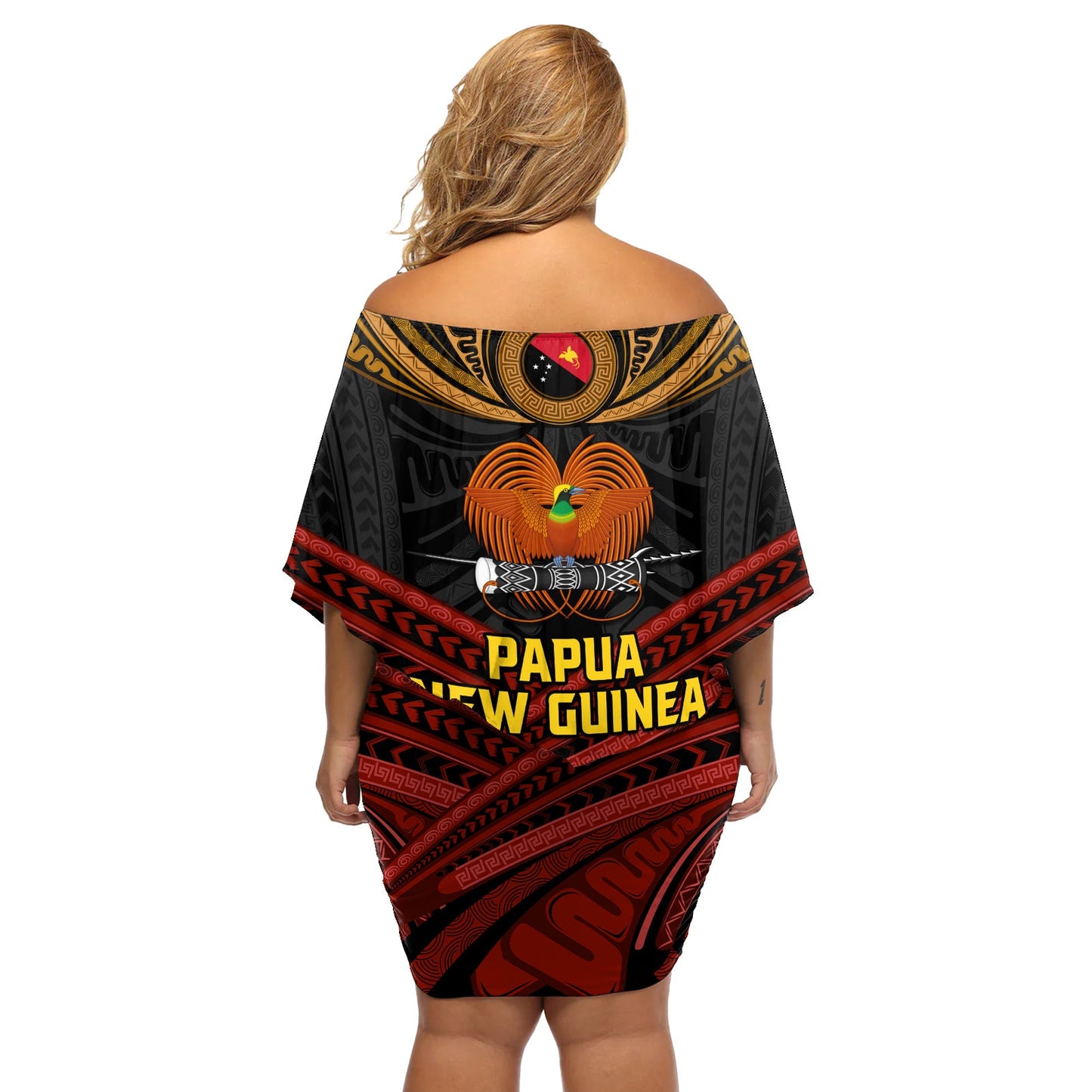 Papua-Neuguinea Paradiesvogel-Schulterfreies Kurzes Kleid blumen Wappen und Stammesmuster LT03