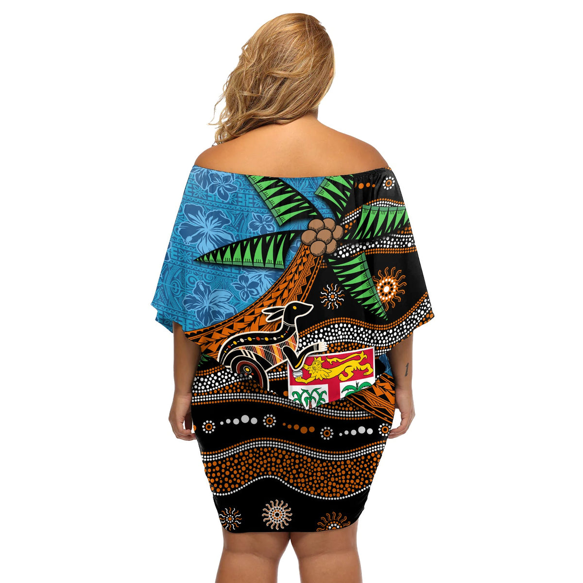 Fidschi und Australien Off Shoulder Kurzes Kleider blumen Fidschi und Aborigine-Kultur-Mix LT03
