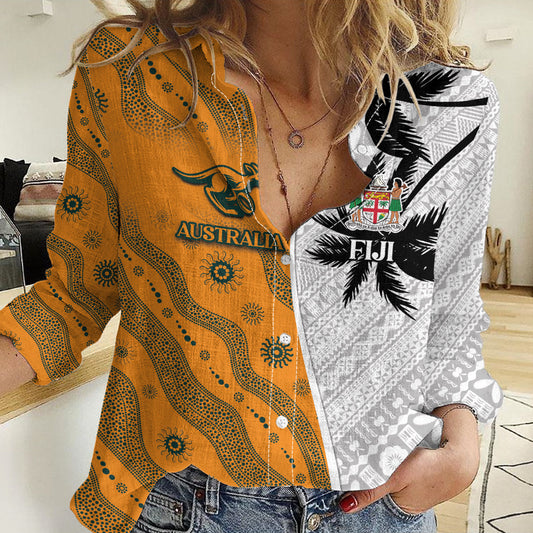 Custom Fiji and Australia Rugby Women Casual Shirt Tapa Mix Aboriginal Pattern Half Style