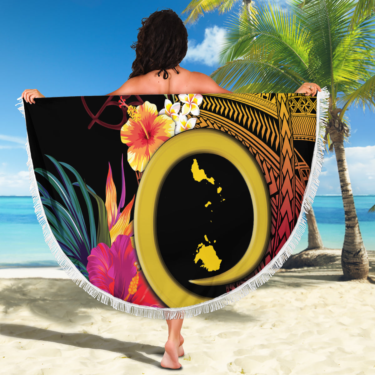 Samoa Siapo-Muster mit beiger Hibiskus-Stranddecke LT05
