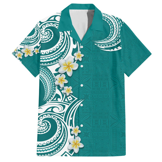 Aloha Polynesian Plumeria Flower Hawaiian Shirt Teal Color