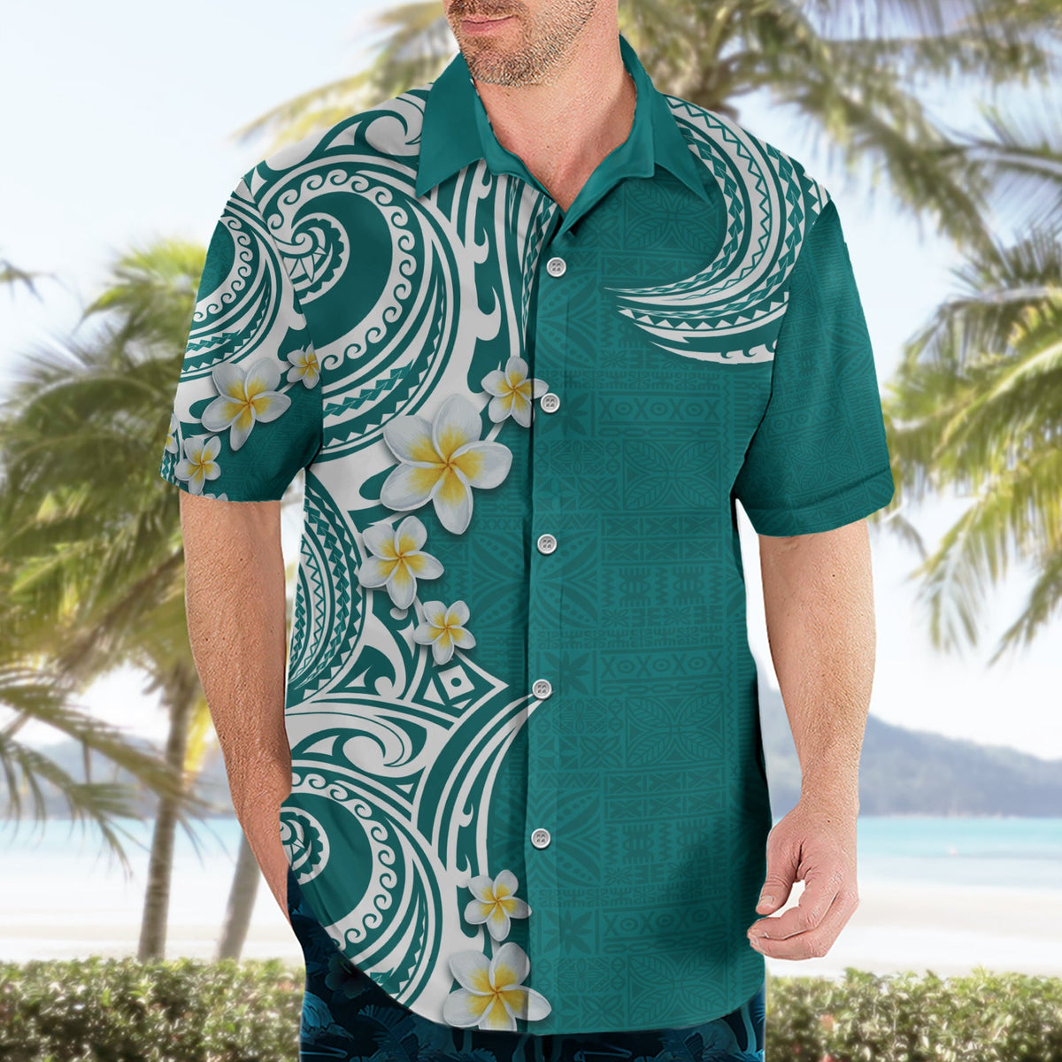 Aloha Polynesian Plumeria Blume Hawaiihemd Teal Farbe LT03