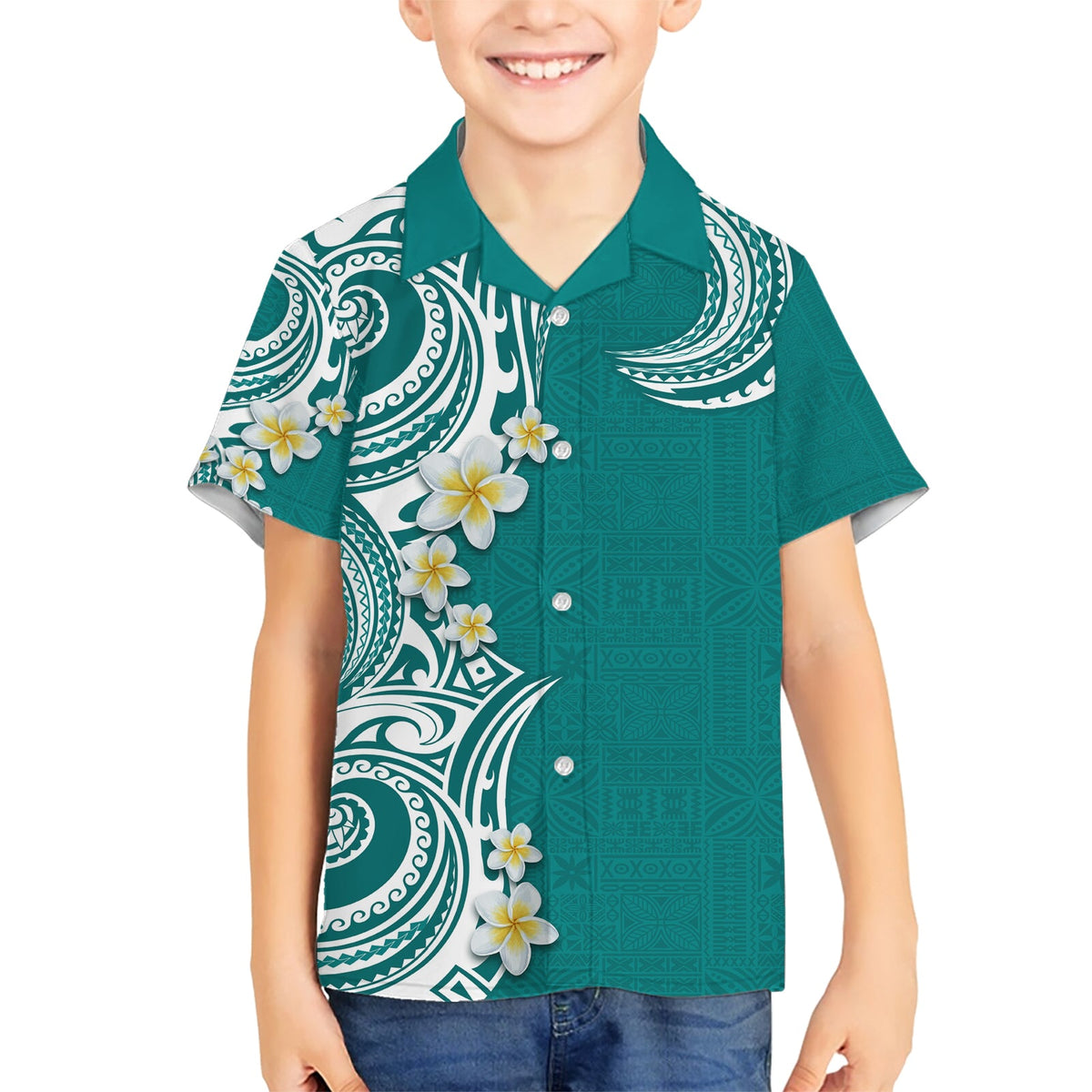 Aloha Polynesian Plumeria Blume Hawaiihemd Teal Farbe LT03