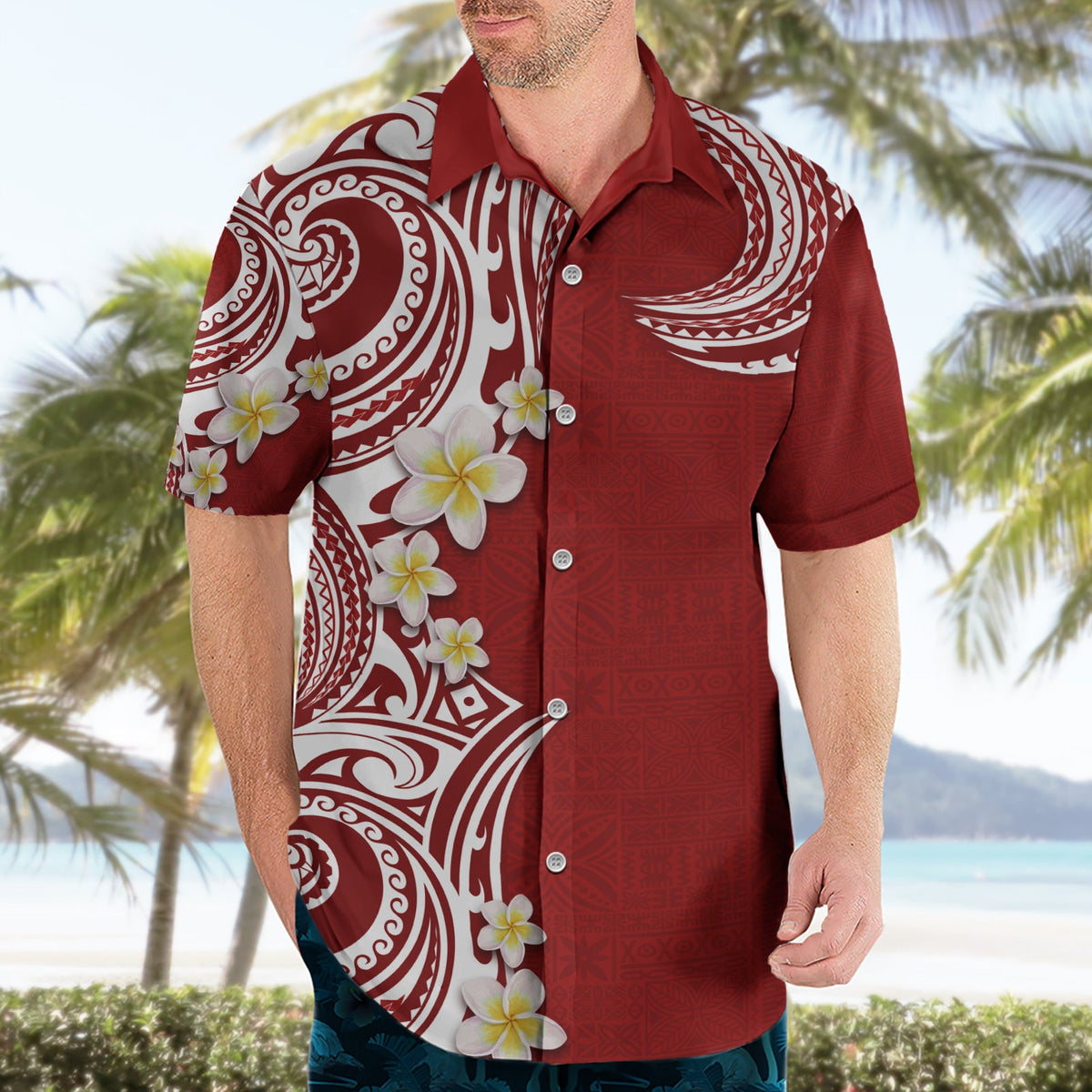 Aloha Polynesian Plumeria Blume Hawaiihemd Rot Farbe LT03