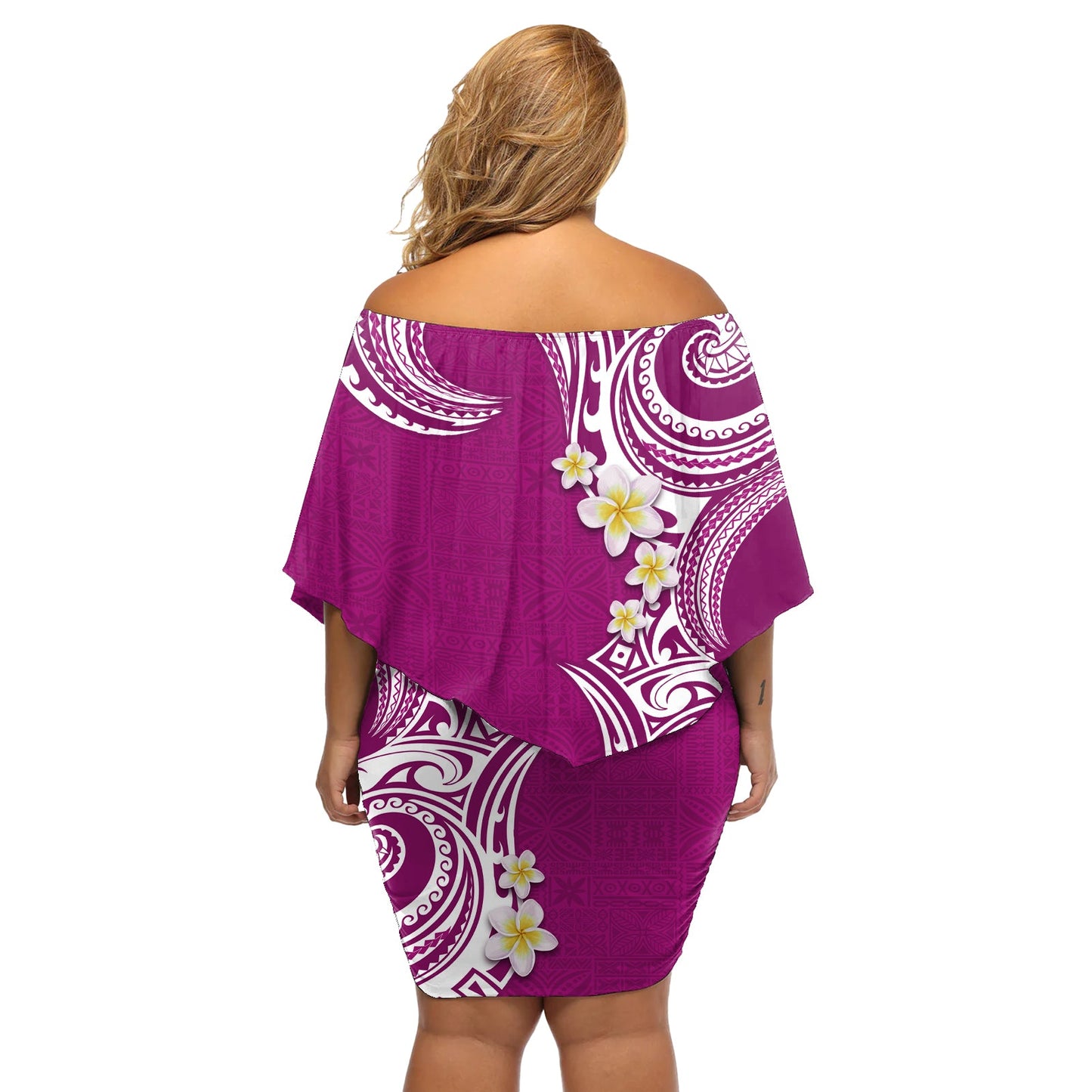 Aloha Polynesian Plumeria Blume Off Shoulder Kurzes blumen kleid Rosa Farbe LT03