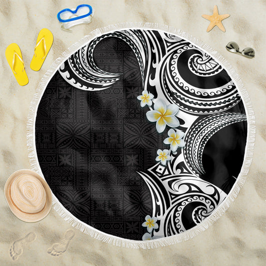 Aloha Polynesian Plumeria Flower Beach Blanket Black White Color