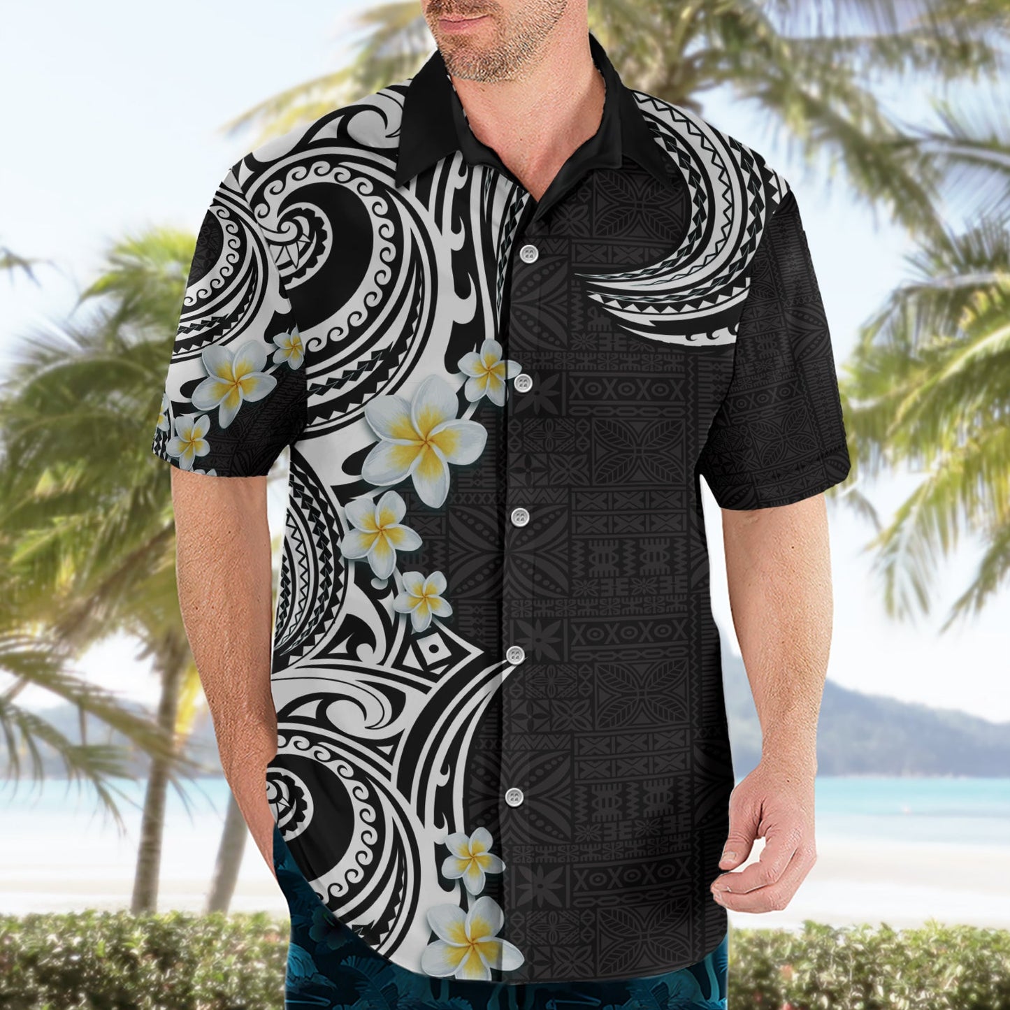Aloha Polynesian Plumeria Blume Hawaiihemd Schwarz Weiß Farbe LT03