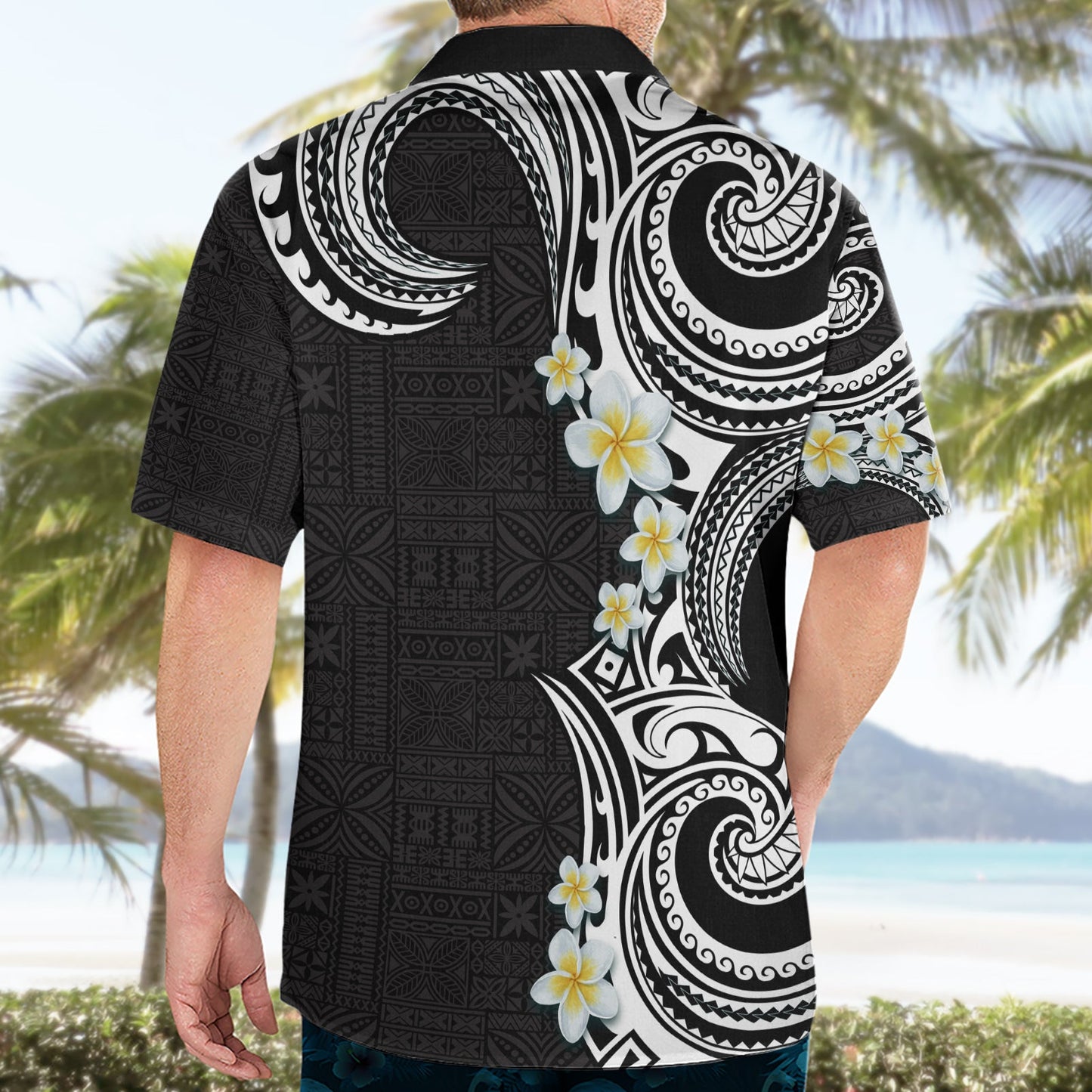 Aloha Polynesian Plumeria Blume Hawaiihemd Schwarz Weiß Farbe LT03