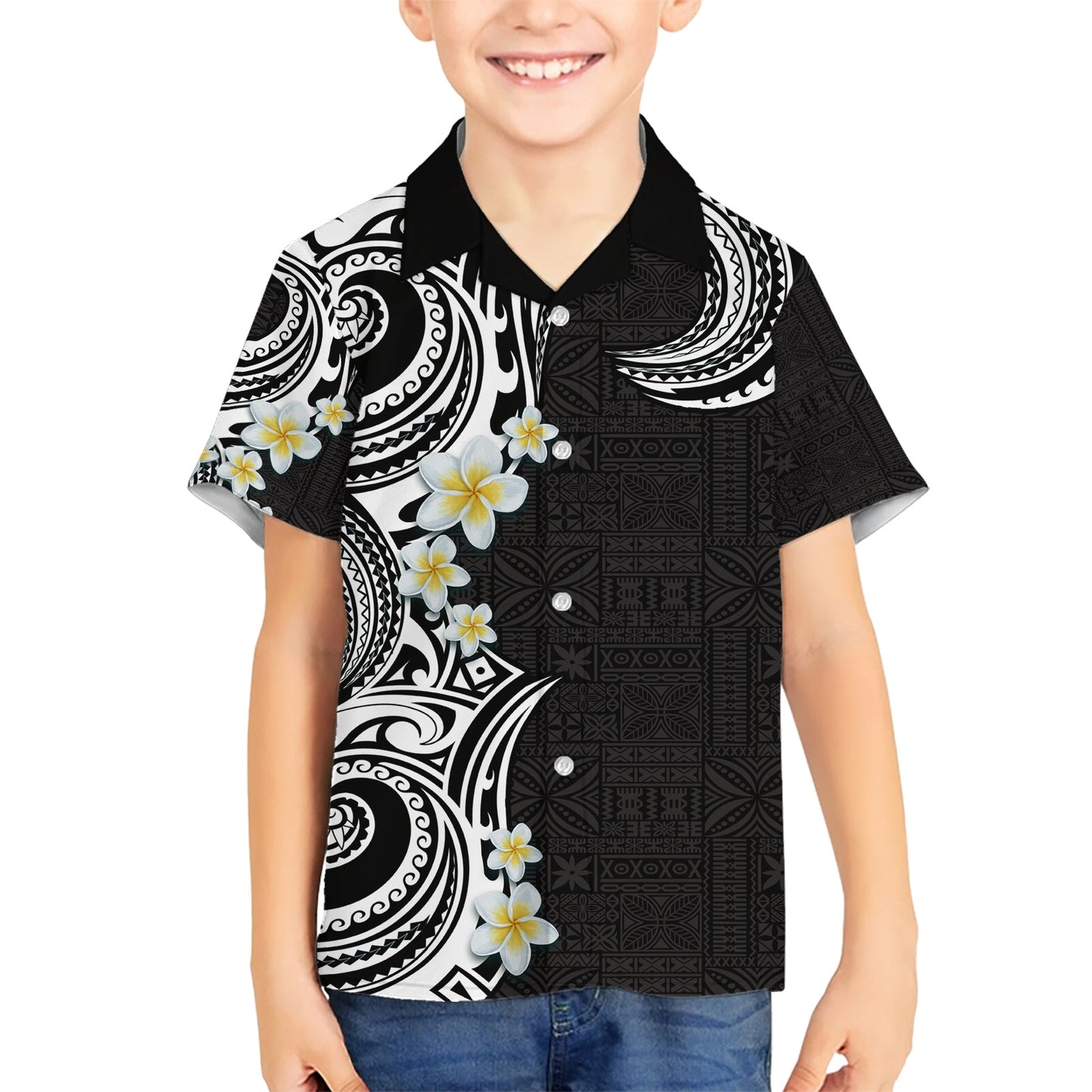 Aloha Polynesian Plumeria Blume Hawaiihemd Schwarz Weiß Farbe LT03