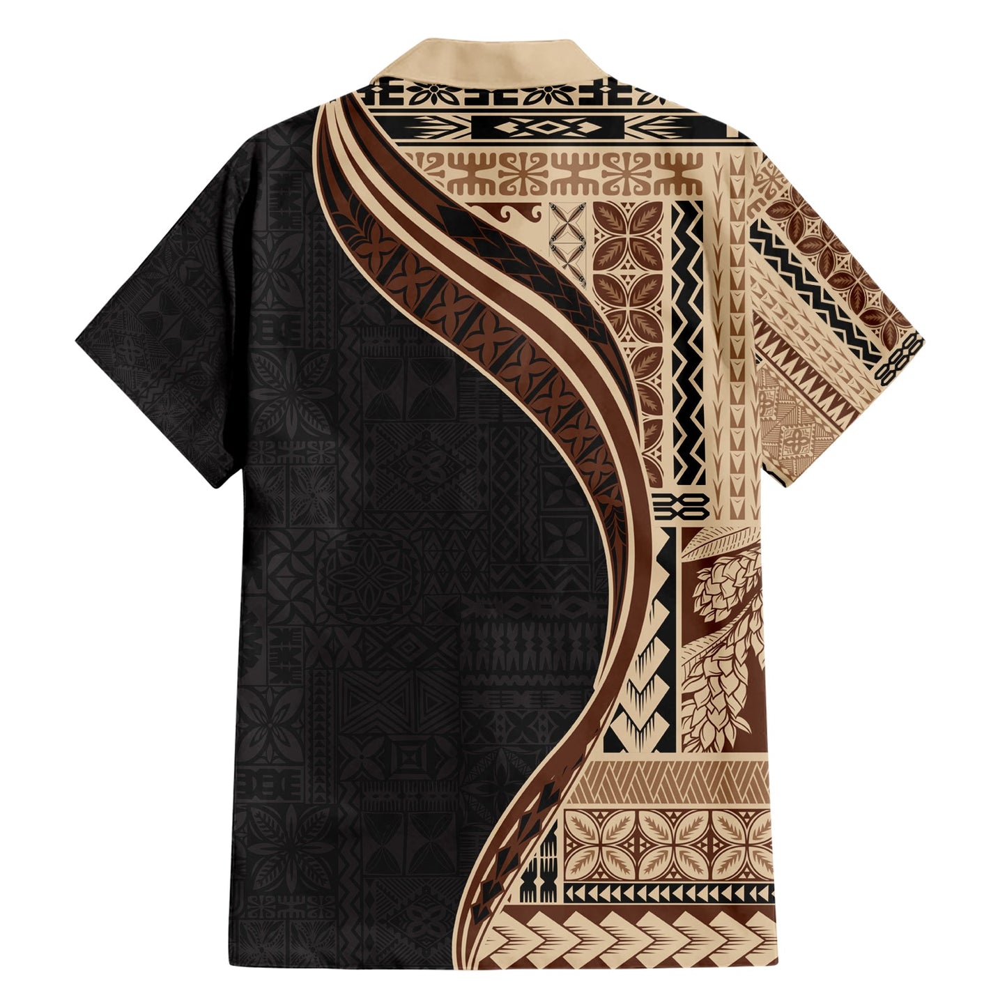Hawaiihemd im Halbstil mit Samoa-Siapo-Motiv und Tapa-Muster, Farbe Beige LT03