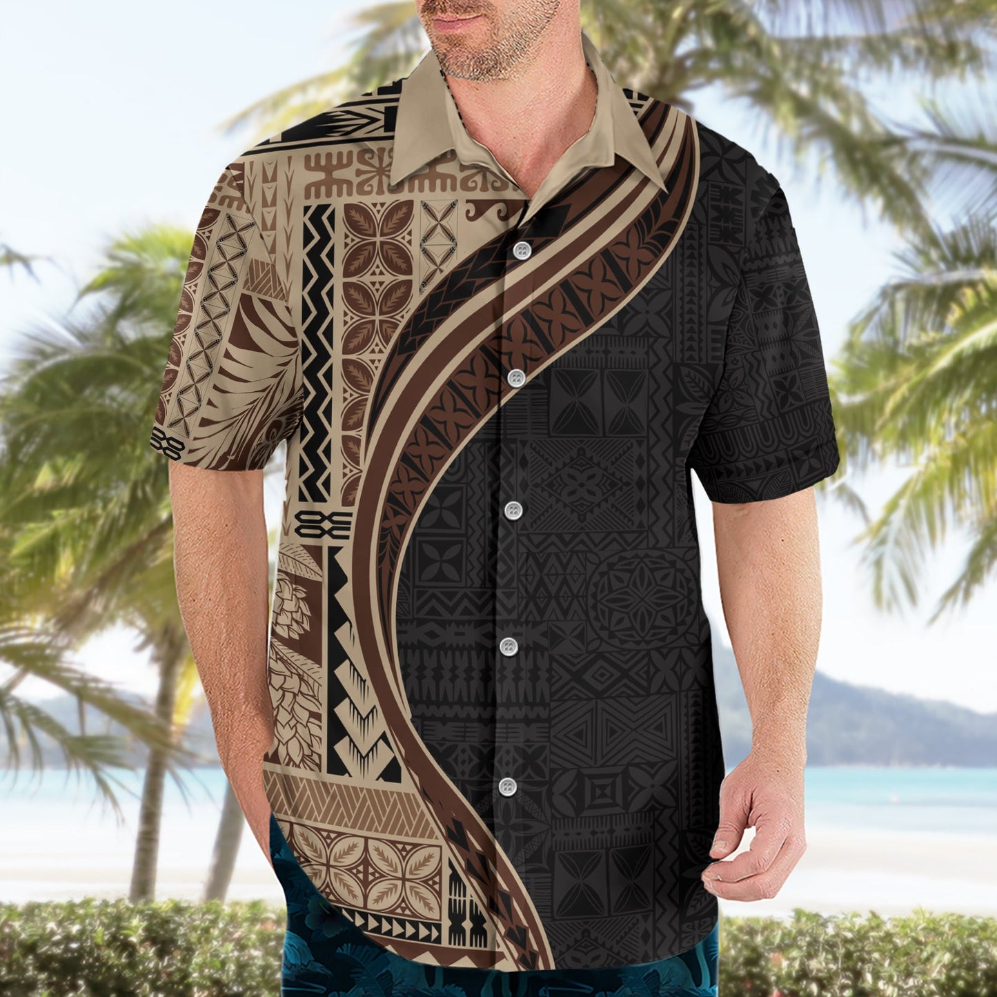 Hawaiihemd im Halbstil mit Samoa-Siapo-Motiv und Tapa-Muster, Farbe Beige LT03
