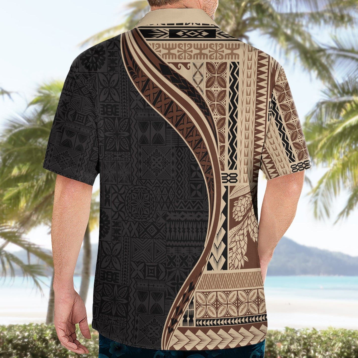 Hawaiihemd im Halbstil mit Samoa-Siapo-Motiv und Tapa-Muster, Farbe Beige LT03
