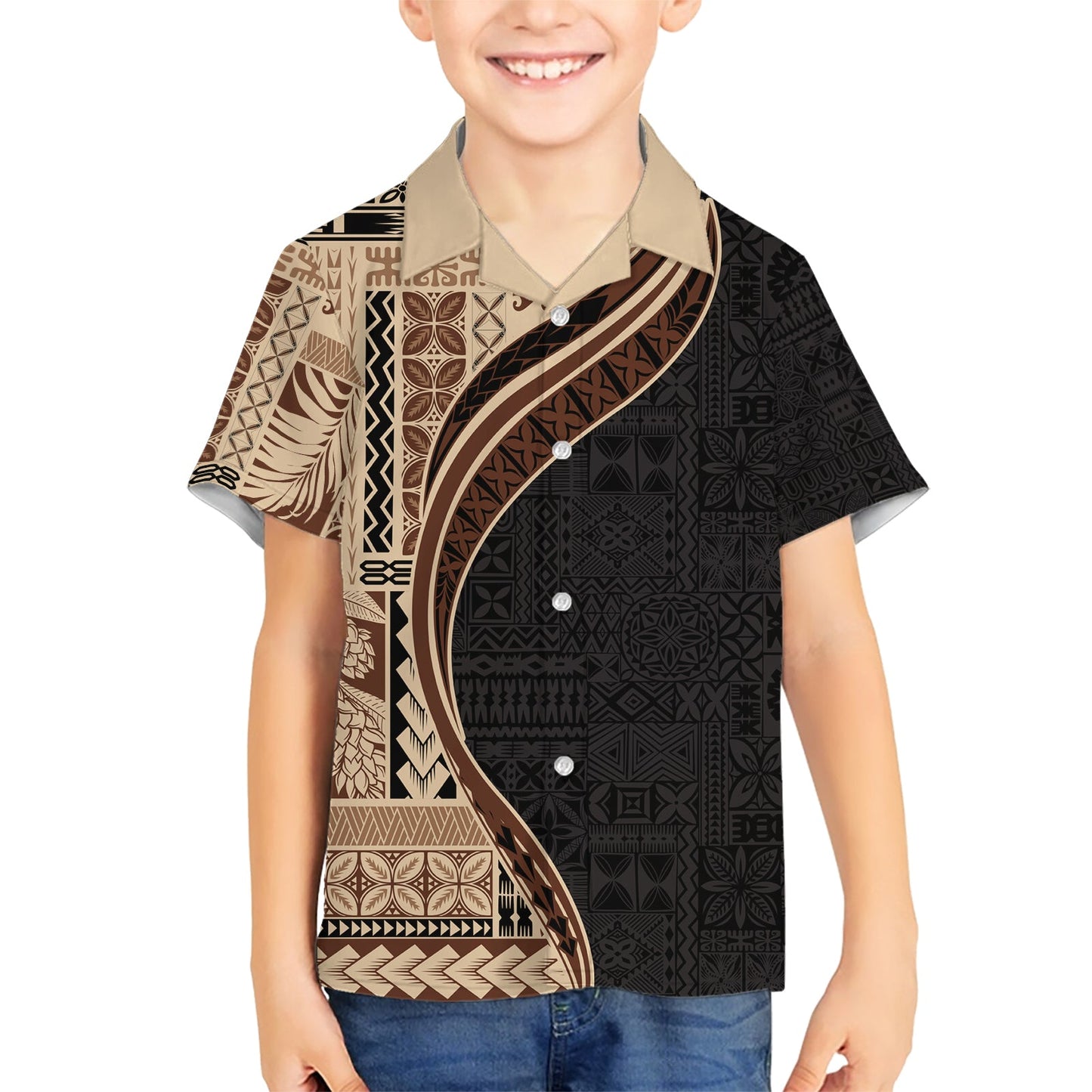 Hawaiihemd im Halbstil mit Samoa-Siapo-Motiv und Tapa-Muster, Farbe Beige LT03