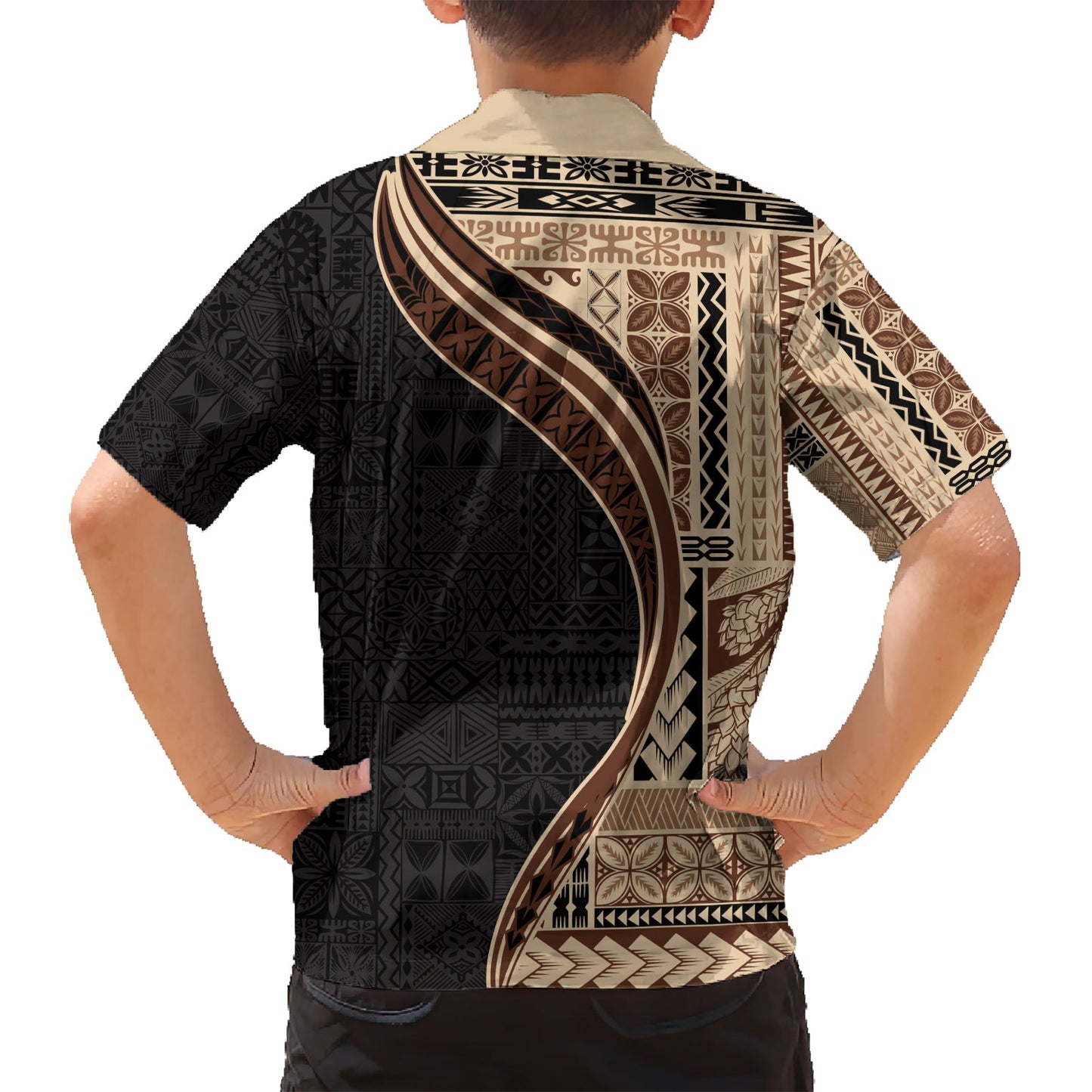 Hawaiihemd im Halbstil mit Samoa-Siapo-Motiv und Tapa-Muster, Farbe Beige LT03