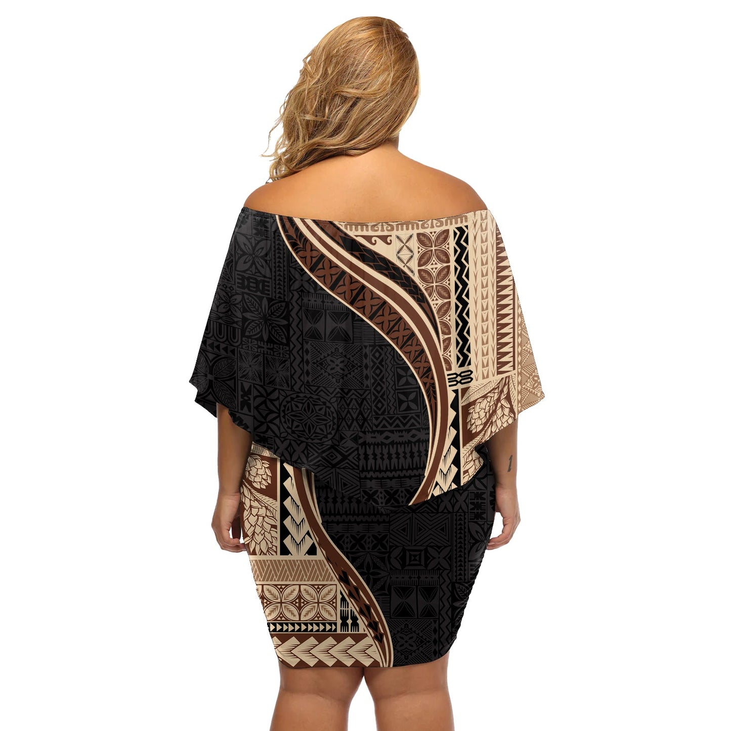 Samoa Siapo Motiv und Tapa Muster Halber Stil Off Shoulder Kurzes blumen kleid Beige Farbe LT03