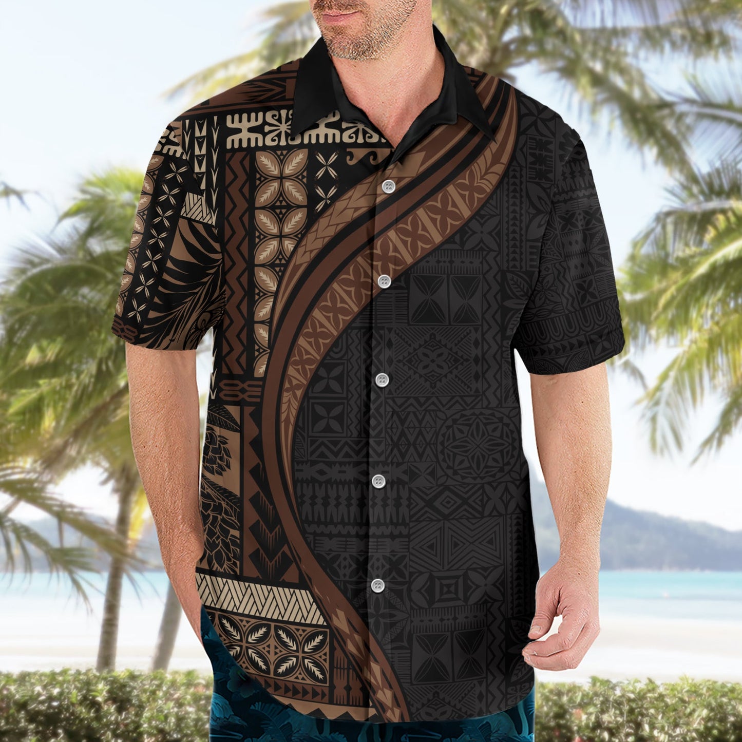 Hawaiihemd im Halbstil mit Samoa-Siapo-Motiv und Tapa-Muster, Farbe Schwarz, LT03