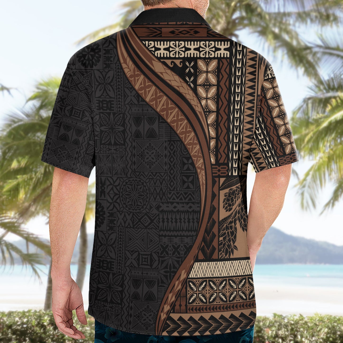 Hawaiihemd im Halbstil mit Samoa-Siapo-Motiv und Tapa-Muster, Farbe Schwarz, LT03