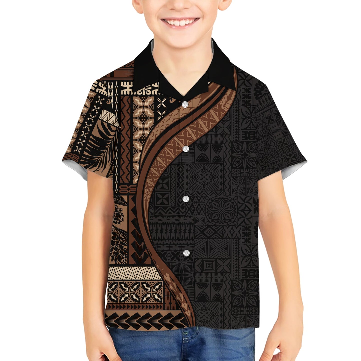 Hawaiihemd im Halbstil mit Samoa-Siapo-Motiv und Tapa-Muster, Farbe Schwarz, LT03