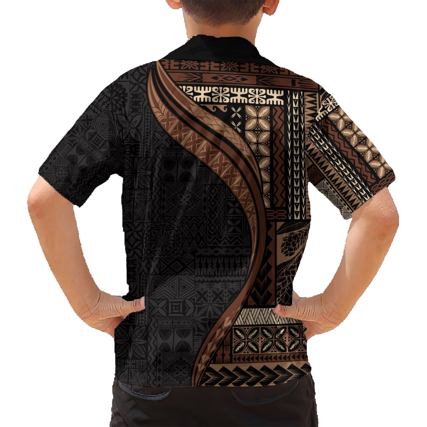 Hawaiihemd im Halbstil mit Samoa-Siapo-Motiv und Tapa-Muster, Farbe Schwarz, LT03