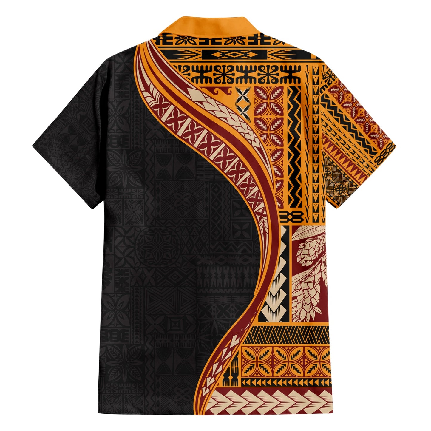 Hawaiihemd im Halbstil mit Samoa-Siapo-Motiv und Tapa-Muster, Farbe Gelb, LT03