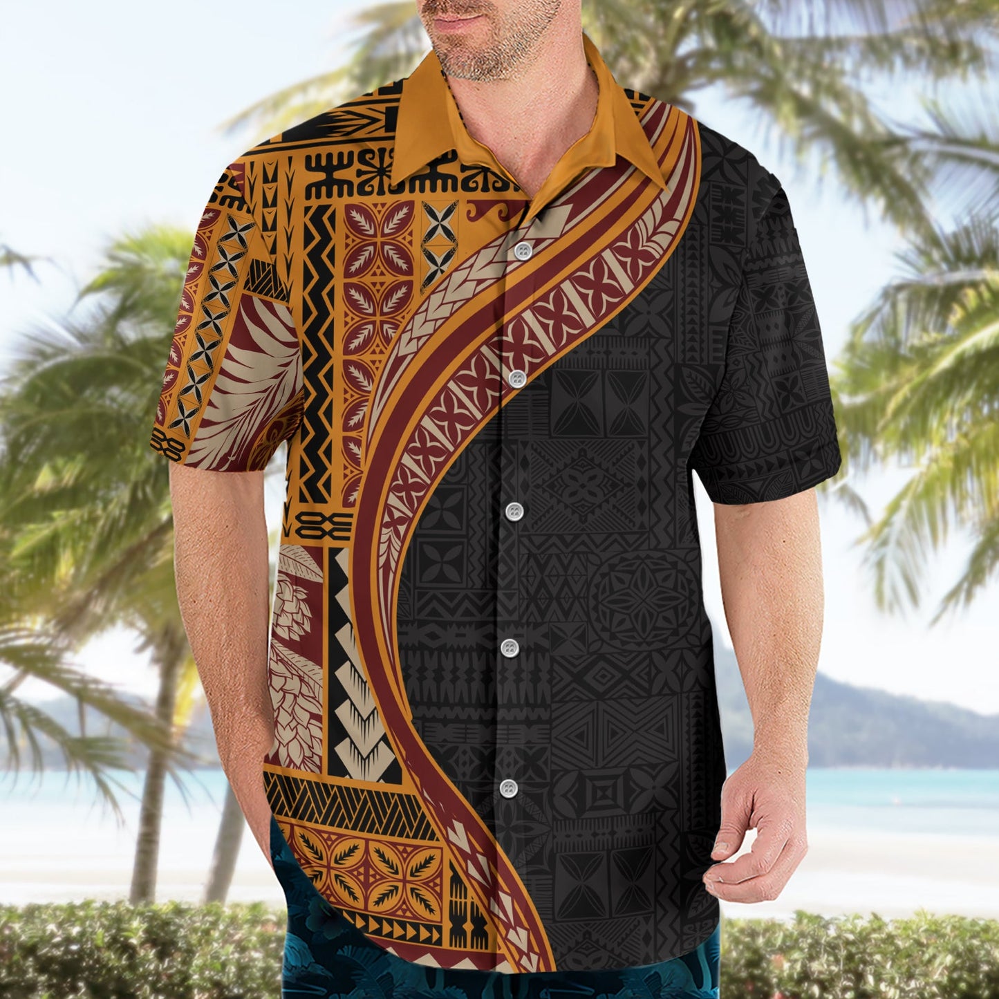 Hawaiihemd im Halbstil mit Samoa-Siapo-Motiv und Tapa-Muster, Farbe Gelb, LT03
