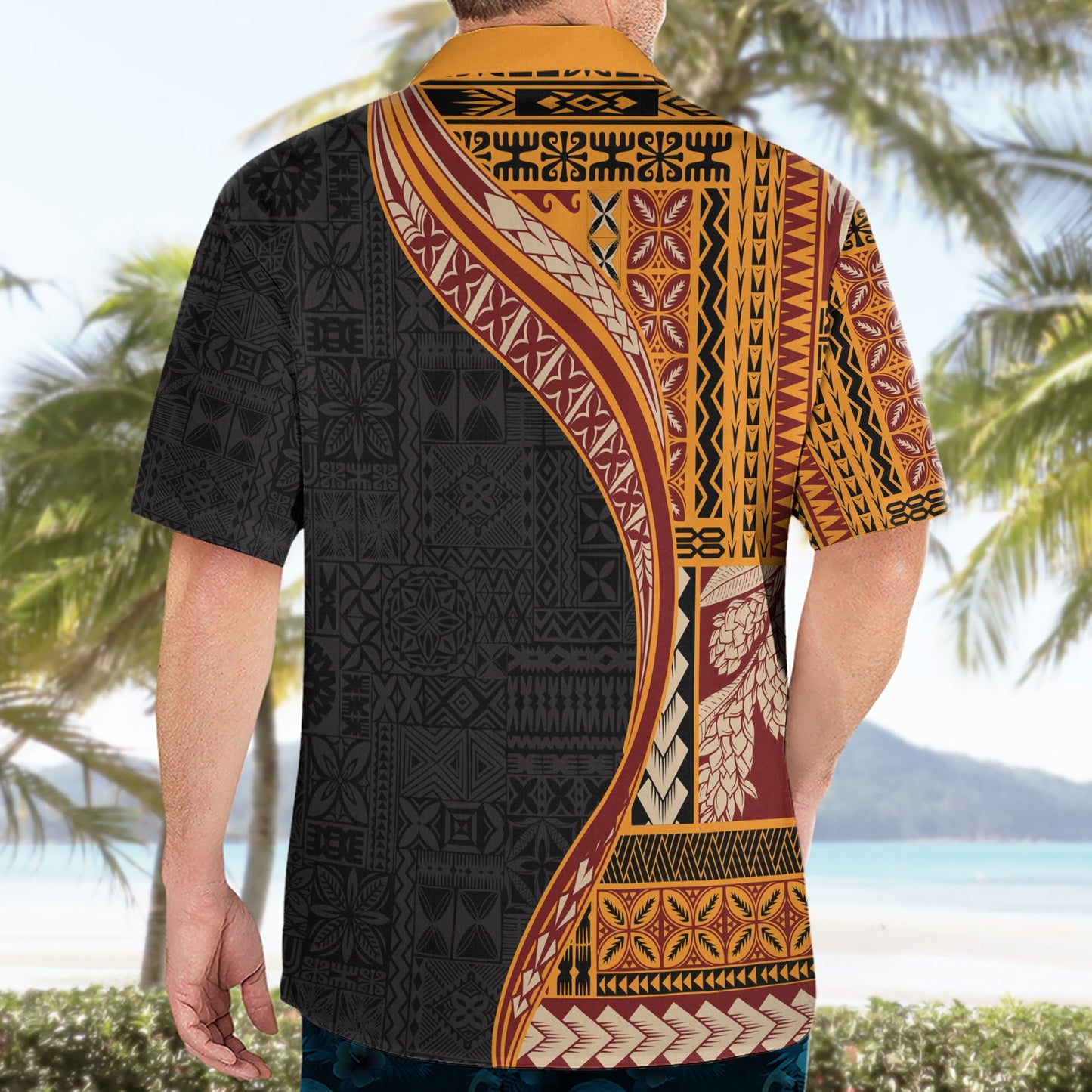Hawaiihemd im Halbstil mit Samoa-Siapo-Motiv und Tapa-Muster, Farbe Gelb, LT03