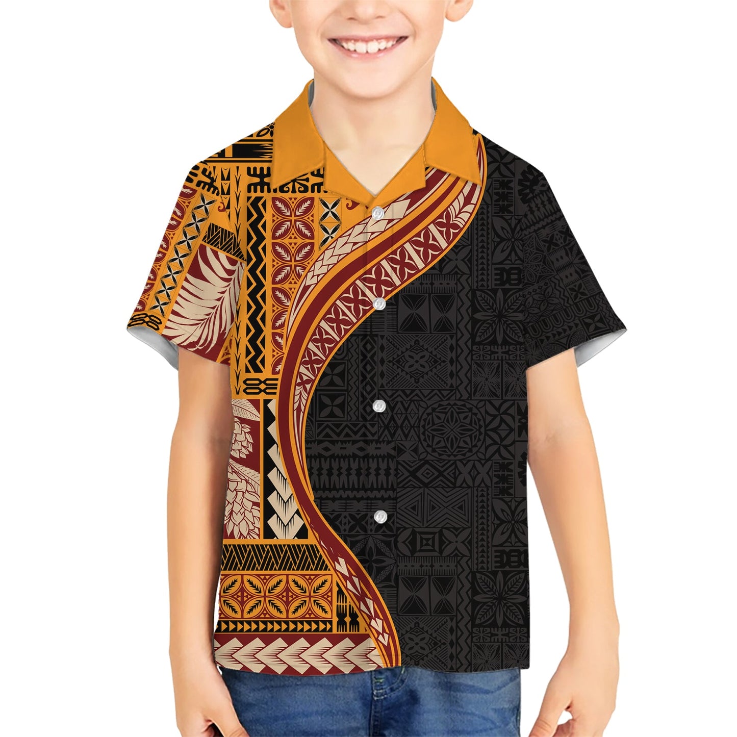 Hawaiihemd im Halbstil mit Samoa-Siapo-Motiv und Tapa-Muster, Farbe Gelb, LT03