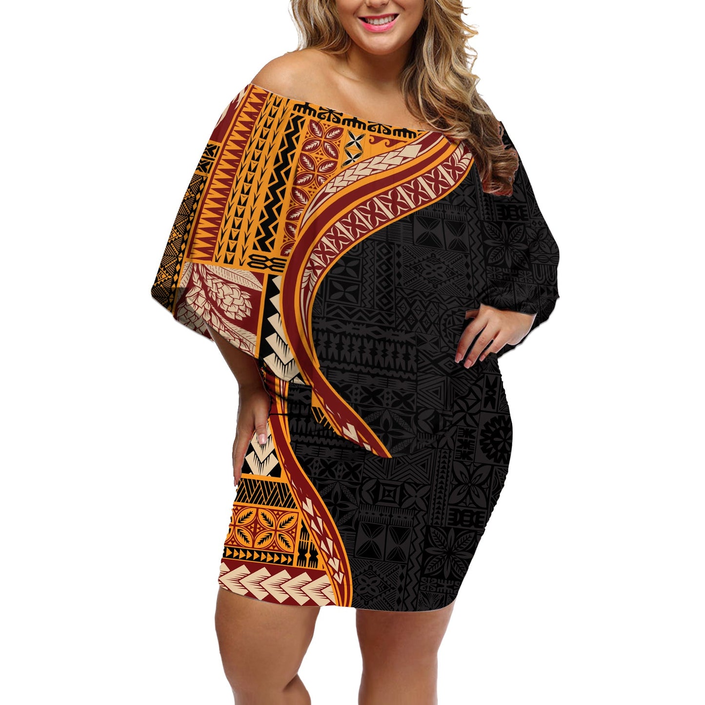 Samoa Siapo Motif and Tapa Pattern Half Style Off Shoulder Short Dress Yellow Color