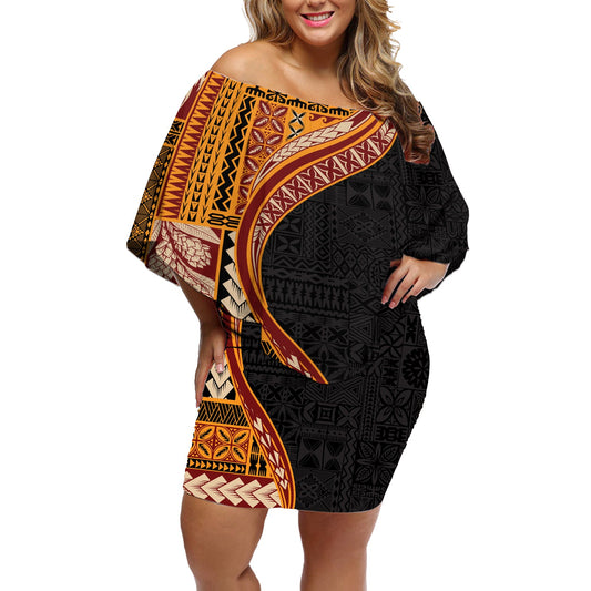 Samoa Siapo Motif and Tapa Pattern Half Style Off Shoulder Short Dress Yellow Color