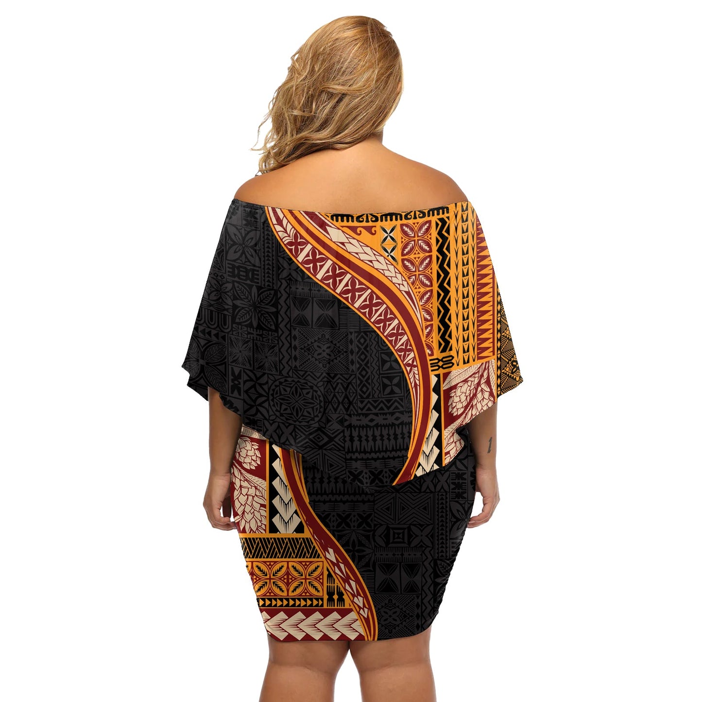 Samoa Siapo Motiv und Tapa Muster Halber Stil Off Shoulder Kurzes blumen kleid Gelb Farbe LT03