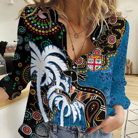 Fiji Palm Tree and Australia Kangaroo Women Casual Shirt Aboriginal Mix Tapa Pattern