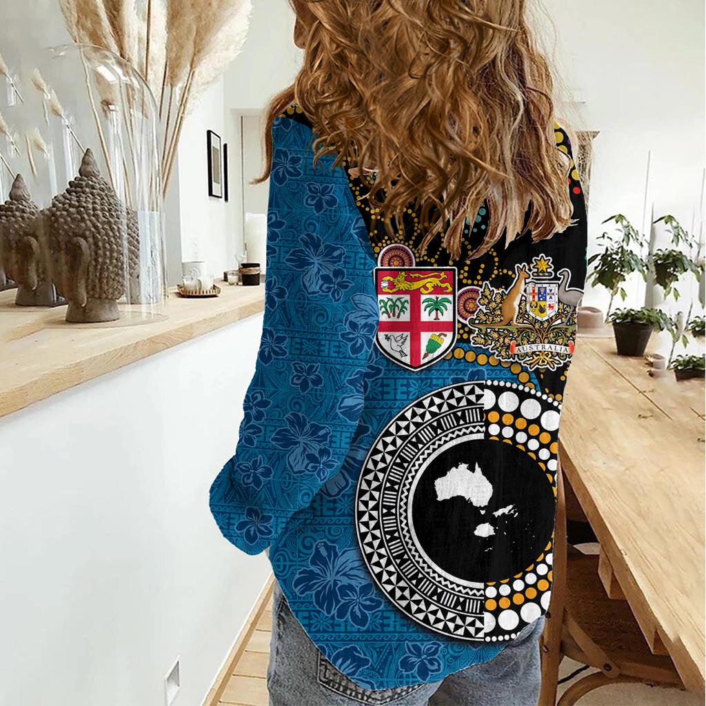 Fidschi Palme und Australien Känguru Frauen Casual Shirt Aboriginal Mix Tapa Muster LT03