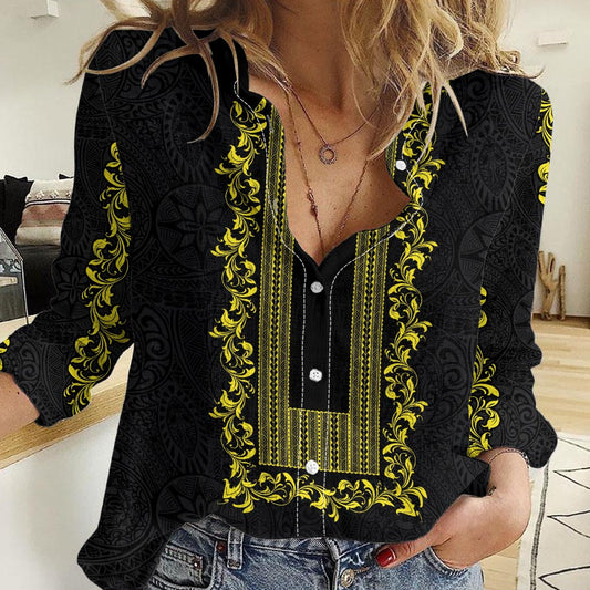 Philippines Polynesian Floral Pattern Women Casual Shirt With Barong Tagalog Black Style