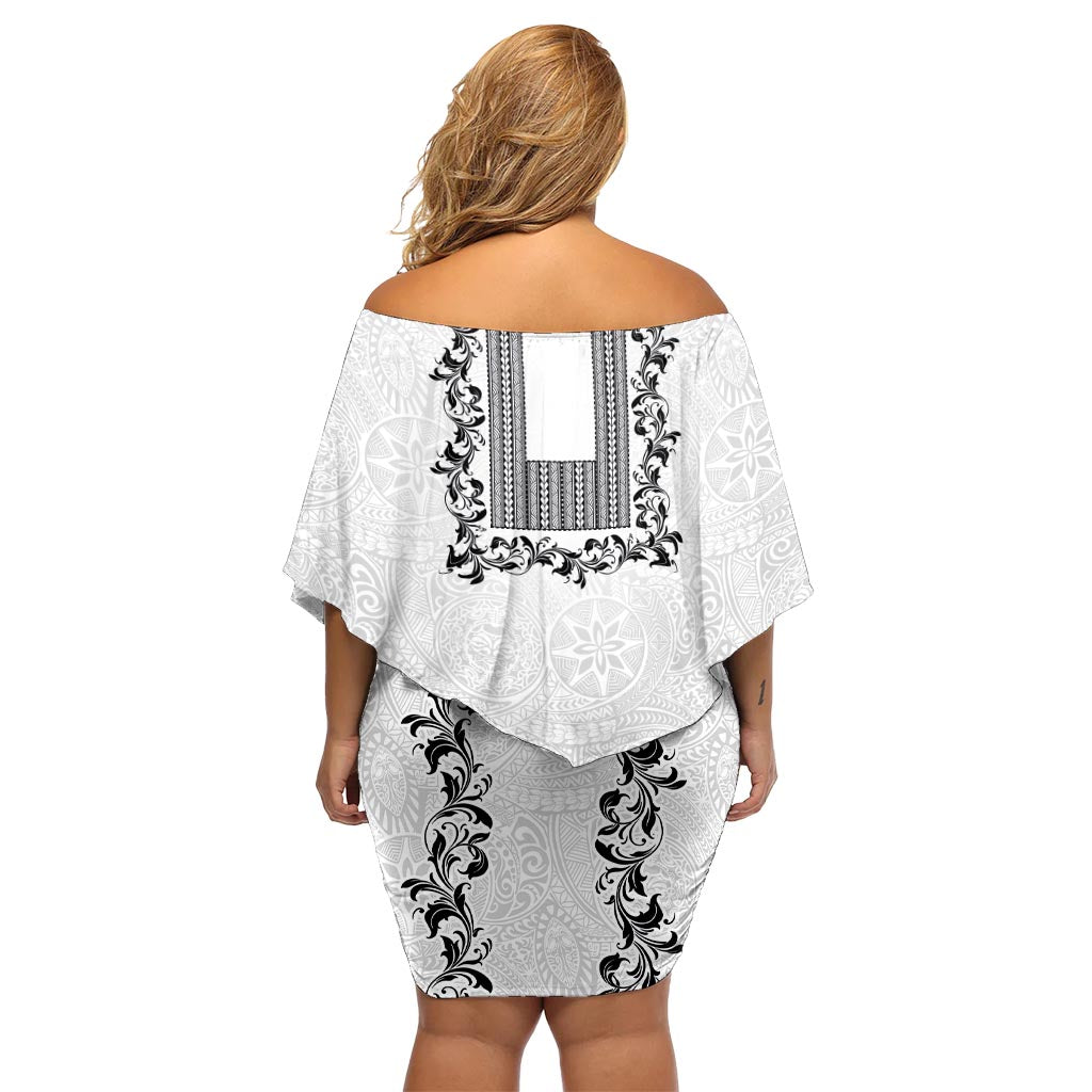 Philippinen Polynesisches Blumenmuster, schulterfreies kurzes Kleid Blumen mit Barong Tagalog, Weiß, Stil LT03