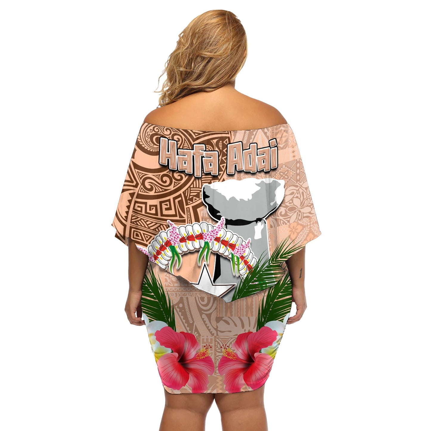 Nördliche Marianen Hafa Adai Latte Stone Off Shoulder Kurzes Kleid blumen Peach Fuzz Farbe LT03