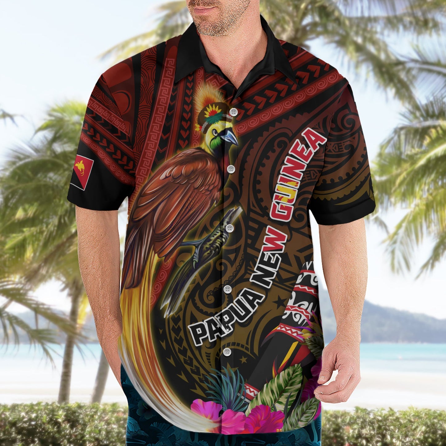 Papua-Neuguinea Paradiesvogel Hawaiihemd Hibiskus und Kundu Trommel Tribal Muster LT03