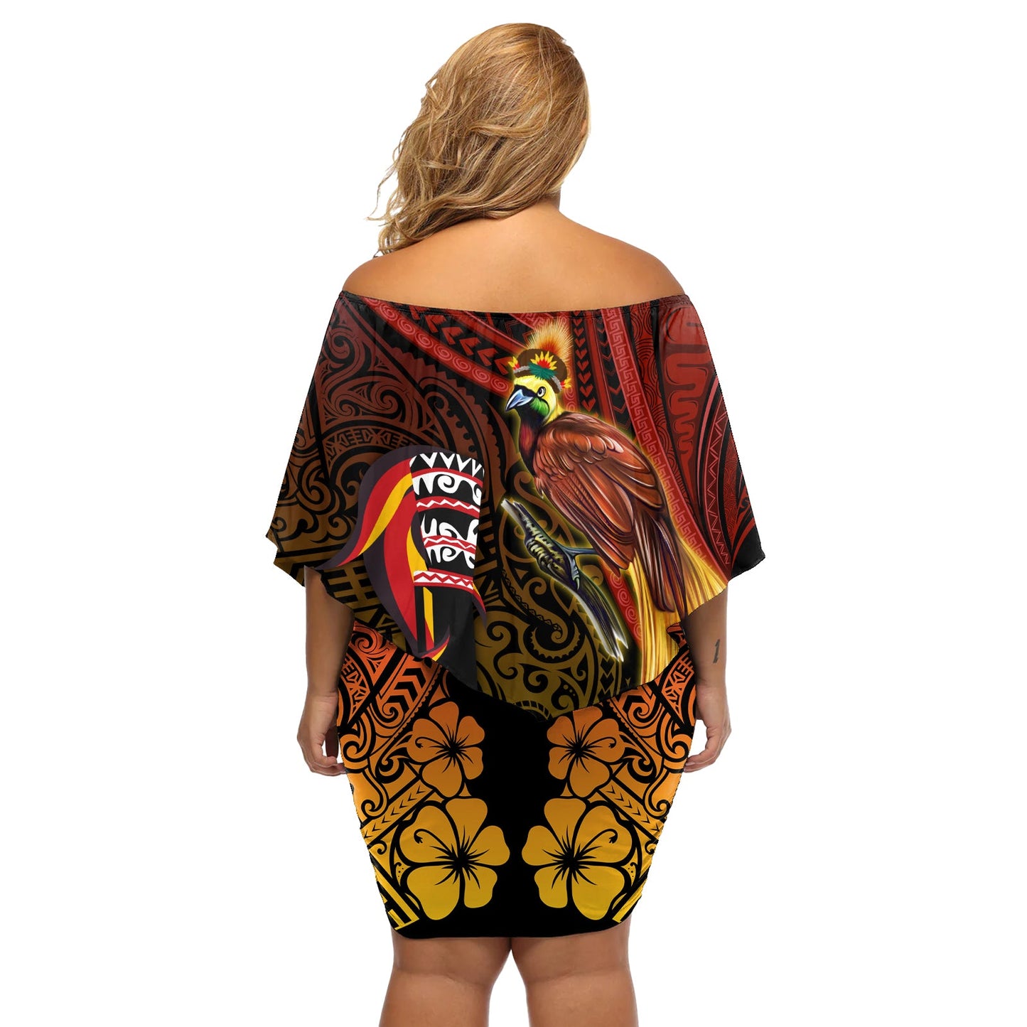 Papua-Neuguinea Paradiesvogel-Schulterfreies Kurzes Kleid blumen Hibiskus und Kundu Trommel Tribal Muster LT03