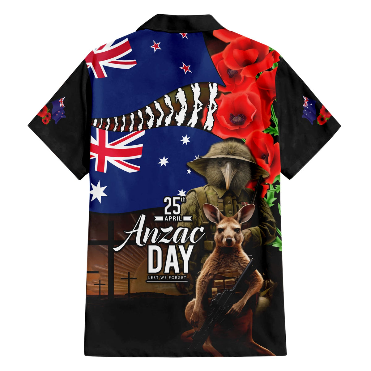 Hawaiihemd zum ANZAC-Tag in Neuseeland und Australien, Nationalflaggen-Mix aus Kiwi-Vogel und Känguru-Soldaten-Stil LT03