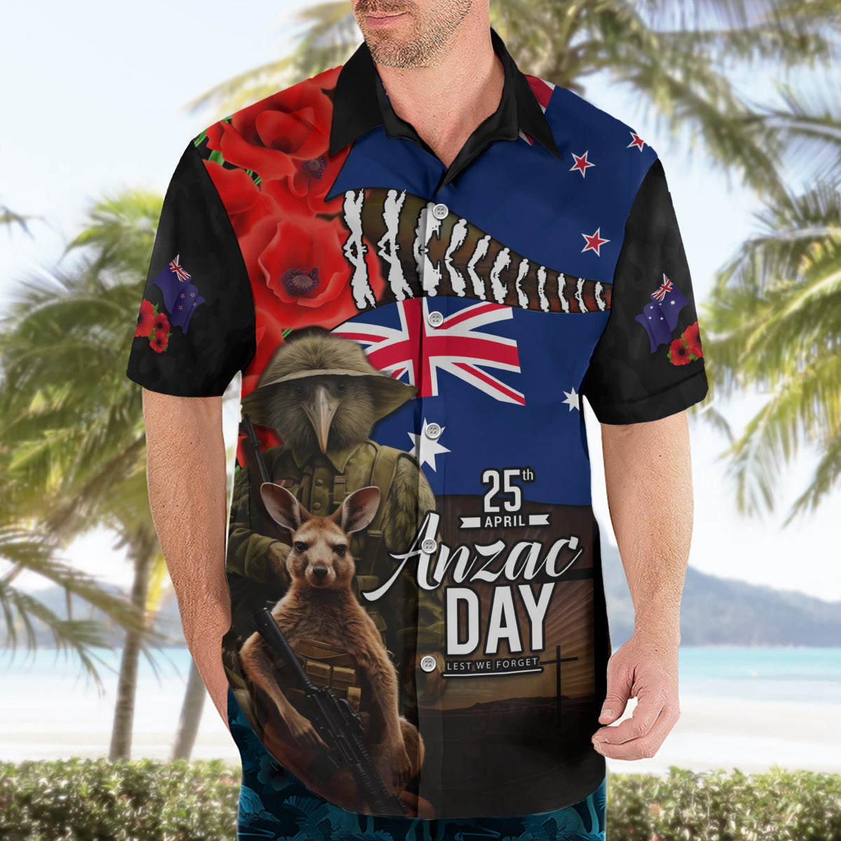 Hawaiihemd zum ANZAC-Tag in Neuseeland und Australien, Nationalflaggen-Mix aus Kiwi-Vogel und Känguru-Soldaten-Stil LT03