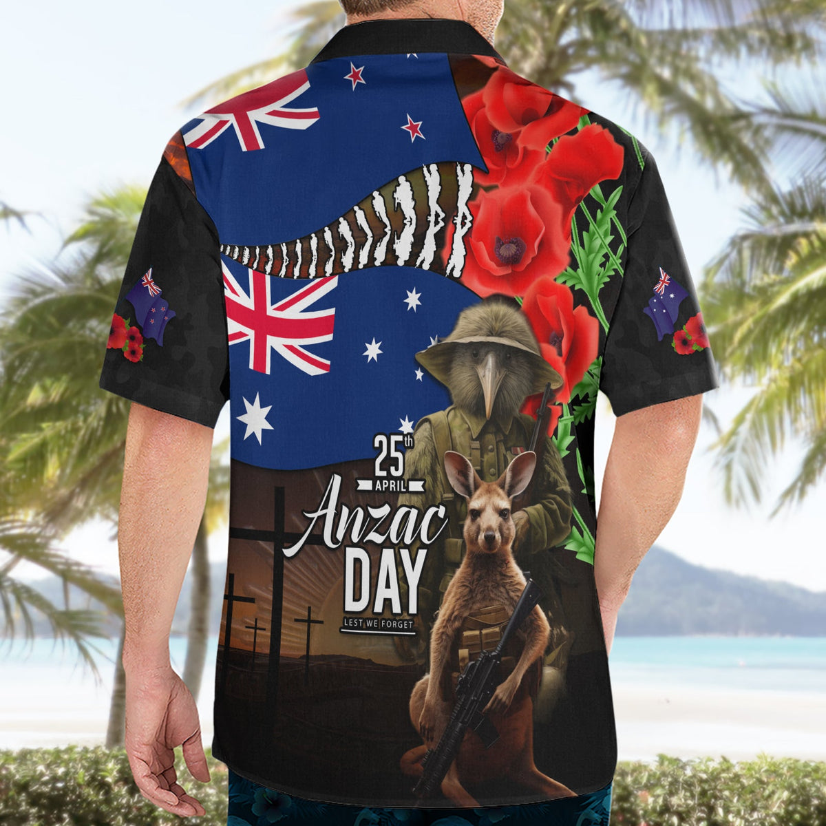 Hawaiihemd zum ANZAC-Tag in Neuseeland und Australien, Nationalflaggen-Mix aus Kiwi-Vogel und Känguru-Soldaten-Stil LT03