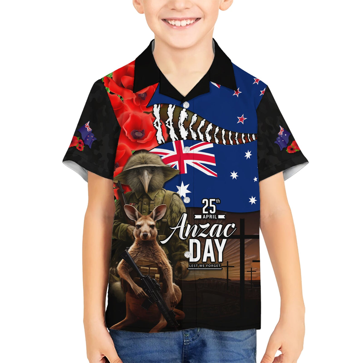Hawaiihemd zum ANZAC-Tag in Neuseeland und Australien, Nationalflaggen-Mix aus Kiwi-Vogel und Känguru-Soldaten-Stil LT03