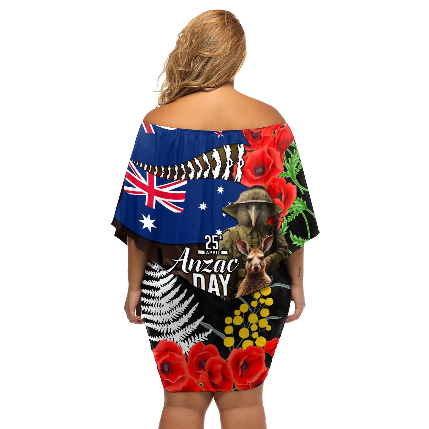 Neuseeland und Australien ANZAC Day Schulterfreies Kurzes Kleid blumen Nationalflagge Mix Kiwi Vogel und Känguru Soldat Stil LT03