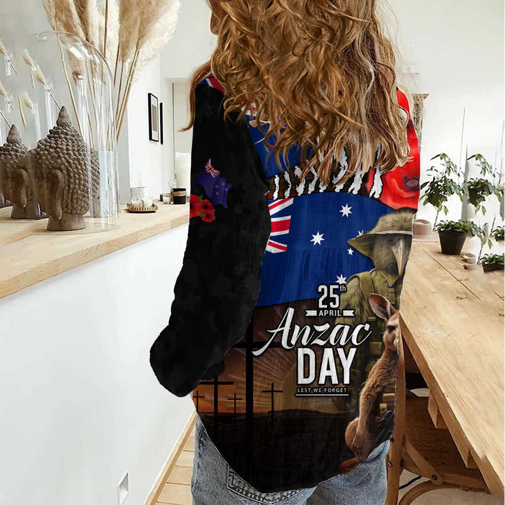 Neuseeland und Australien ANZAC Day Damen Freizeithemd Nationalflagge Mix Kiwivogel und Känguru Soldatenstil LT03