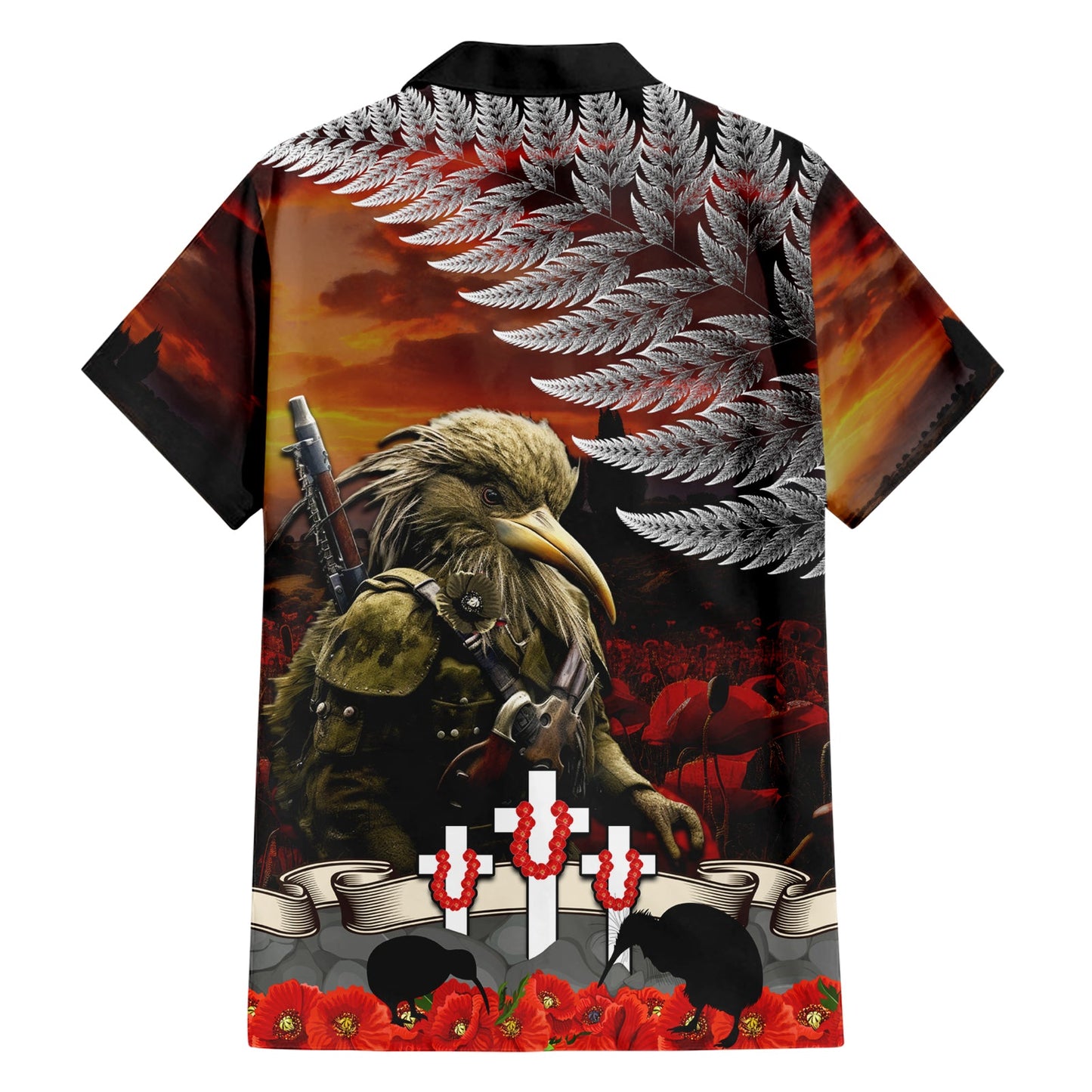 Hawaiihemd zum ANZAC-Tag in Neuseeland „Die Ode der Erinnerung und der Silberfarn“ LT03