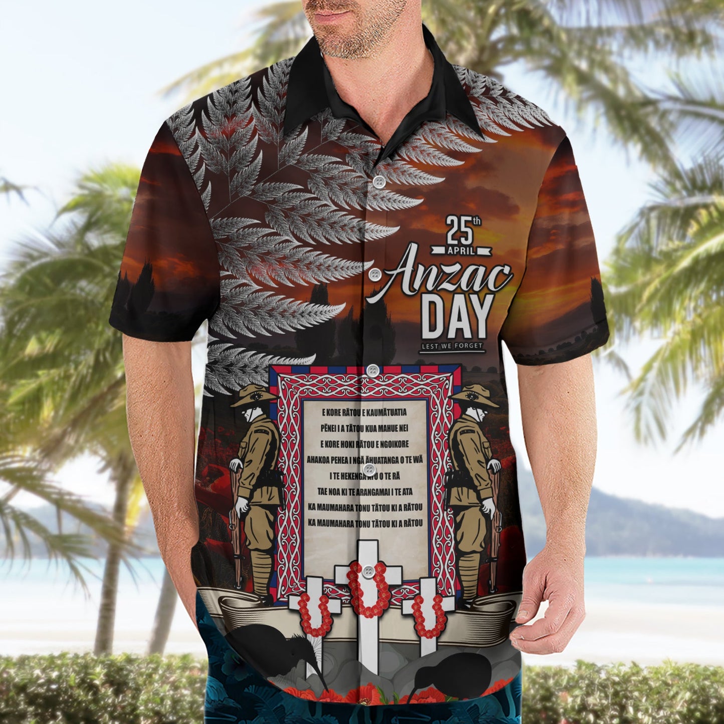Hawaiihemd zum ANZAC-Tag in Neuseeland „Die Ode der Erinnerung und der Silberfarn“ LT03