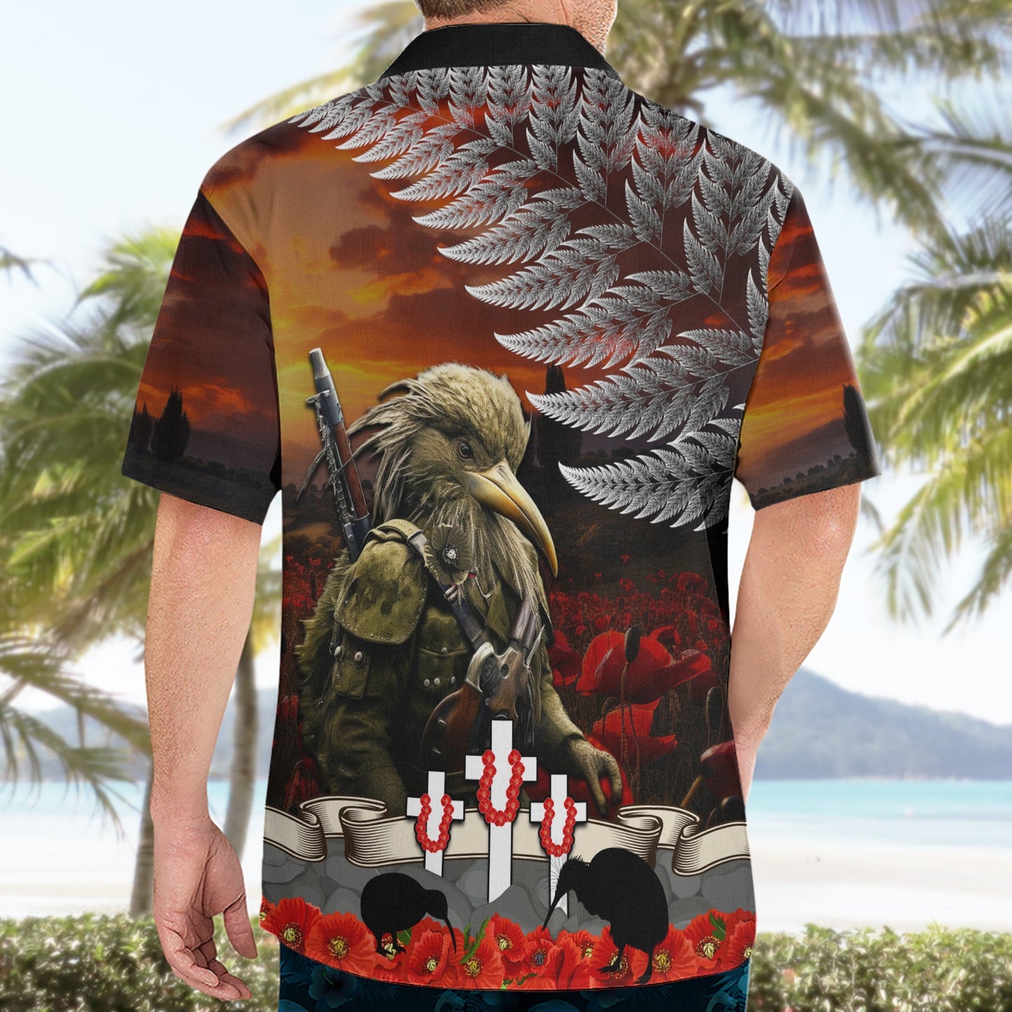 Hawaiihemd zum ANZAC-Tag in Neuseeland „Die Ode der Erinnerung und der Silberfarn“ LT03