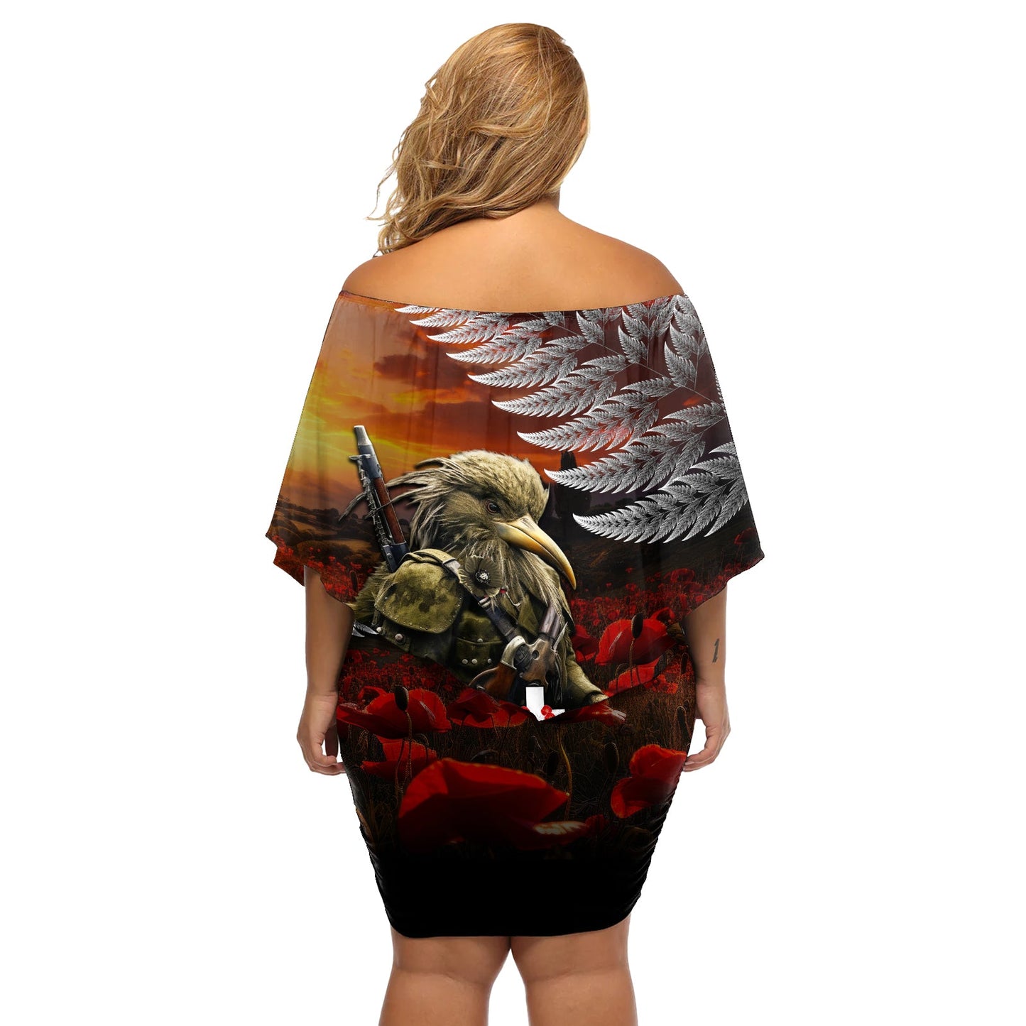 Neuseeland ANZAC Day Schulterfreies kurzes Kleid blumen Die Ode der Erinnerung und Silberfarn LT03