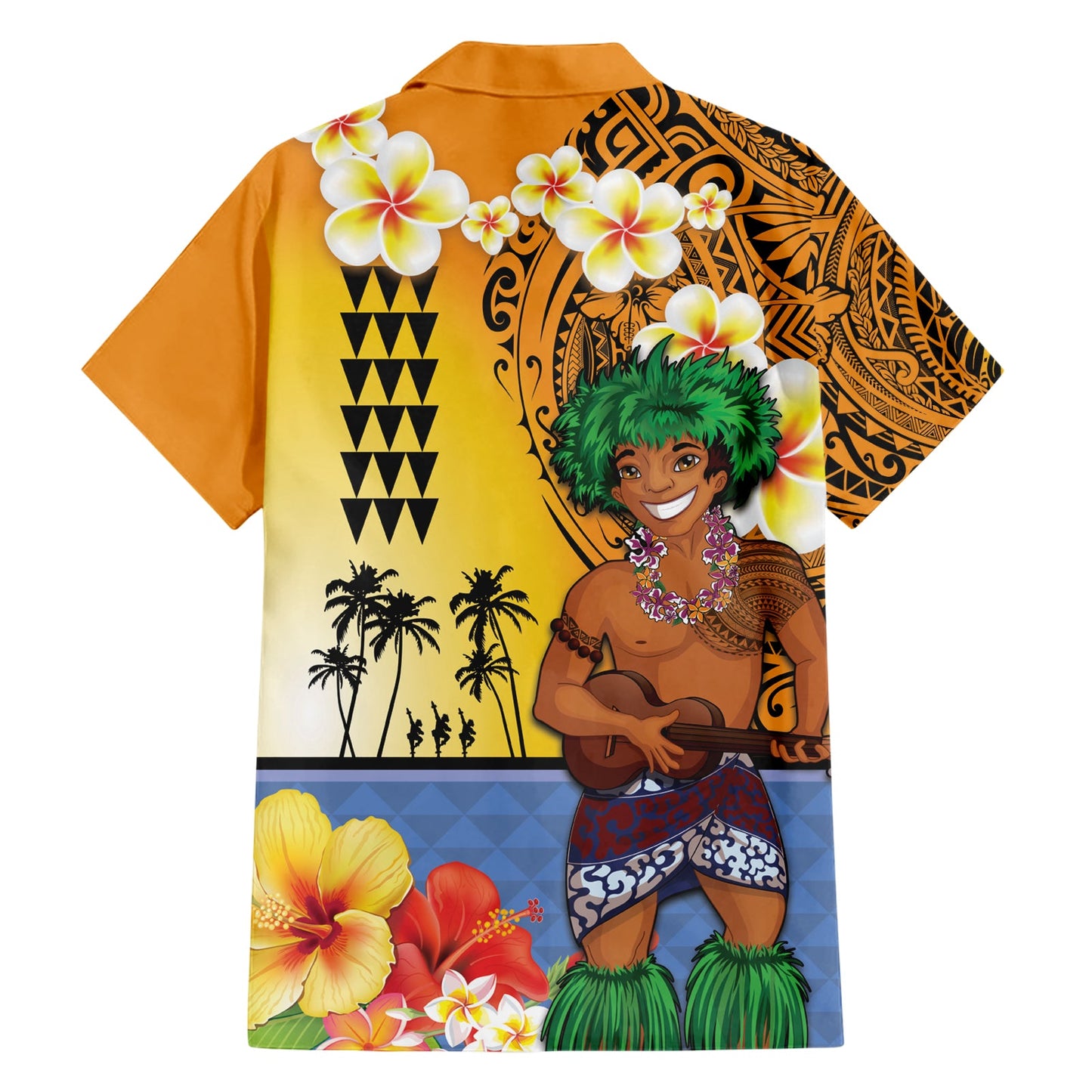 Happy Lei Day Hawaiihemd Hula Tänzer polynesisches Blumen-Kakau-Muster LT03